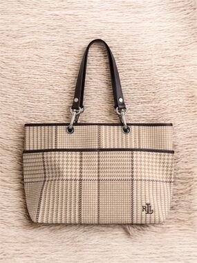 Lauren Ralph Lauren Y2K Houndstooth Plaid Canvas tote bag with Leather trim